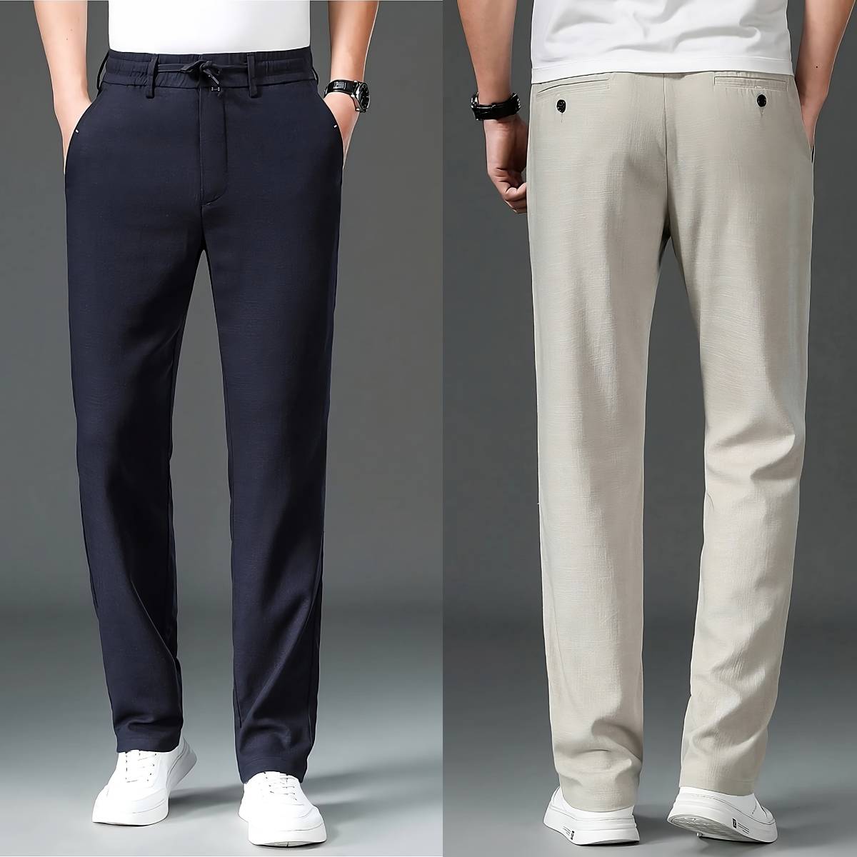 High Quality Regular Tapered Fit Linen Cotton Elasticated Waist Drawstring Trousers (Set of 2)