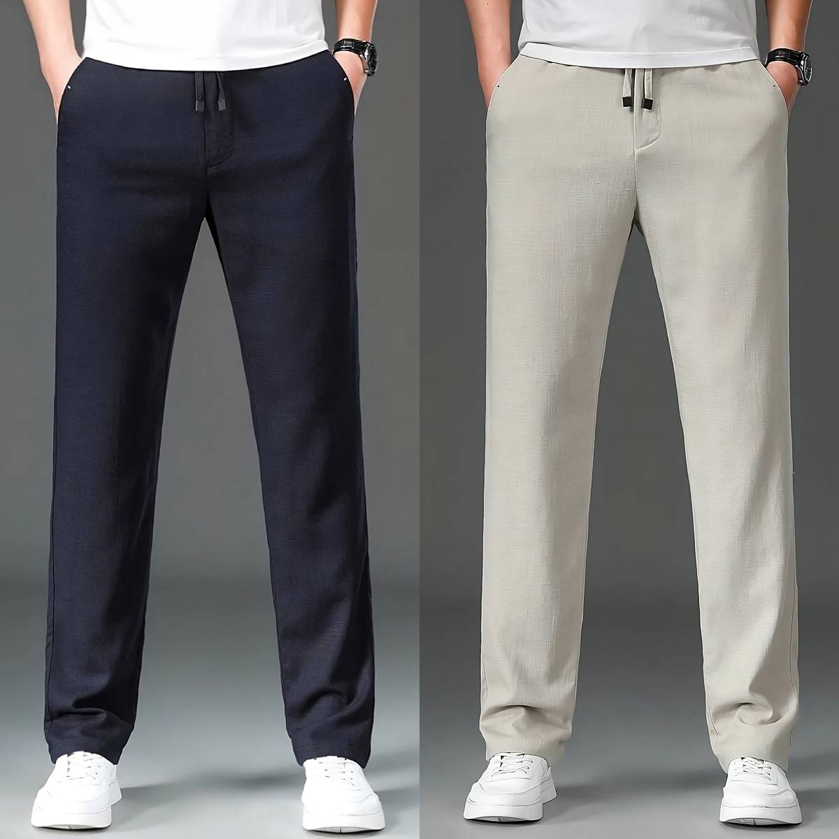 High Quality Regular Tapered Fit Linen Cotton Elasticated Waist Drawstring Trousers (Set of 2)