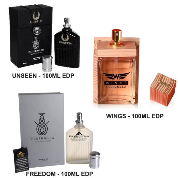 PACK OF 3 MOST FASCINATING FRAGRANCES- EDP Perfumes (3 * 100ML each) <br><h3><span style="color: #000080;">Long Lasting stays upto 6 to 8 hrs. </span><span style="color: green;">100% Fresh & Natural Men's Perfumes</span></h3>