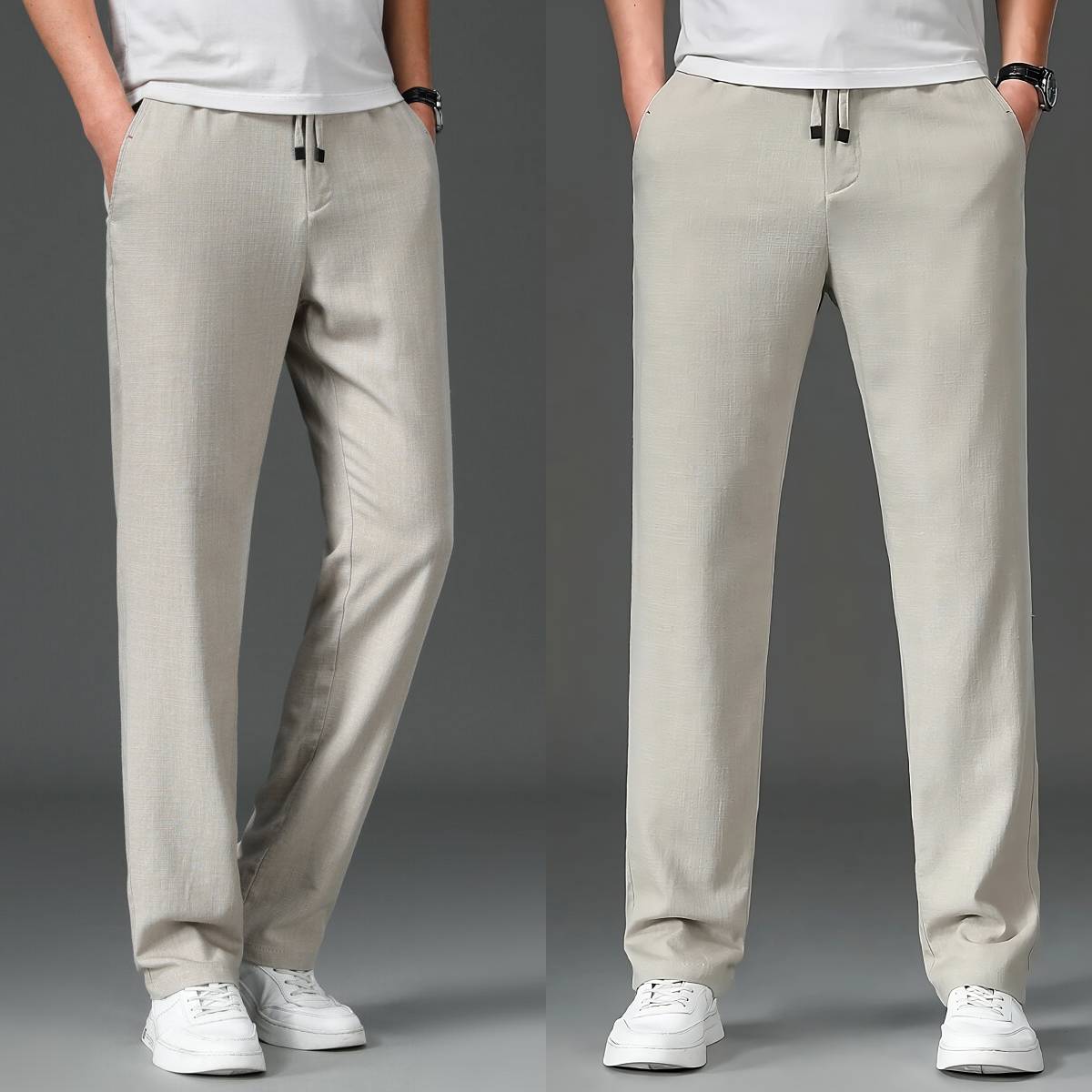 High Quality Regular Tapered Fit Linen Cotton Elasticated Waist Drawstring Trousers (Set of 2)